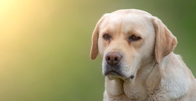 Triste labrador retriever su uno sfondo verde sfocato Sole splendente e copia spazio per inserire il testo