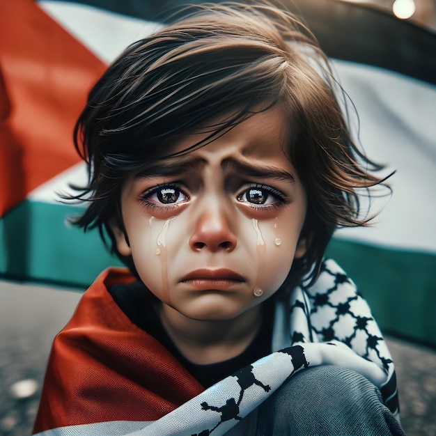 Triste piccolo bambino palestinese Lo sfondo della bandiera palestinese ferma il concetto di guerra aiuta la Palestina