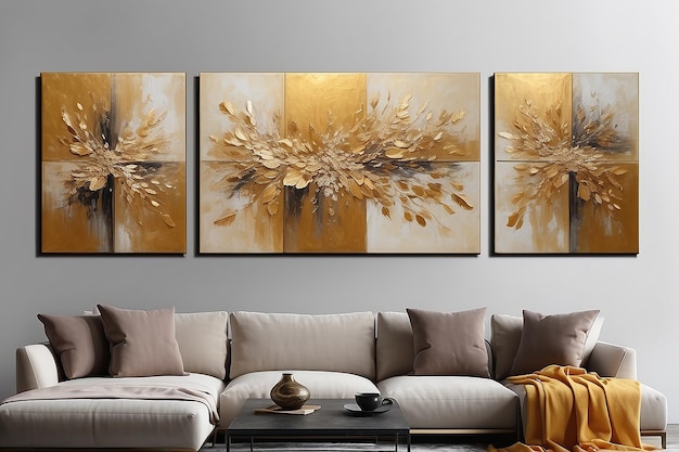 Trittico moderno astratto di pittura a olio con texture dorata