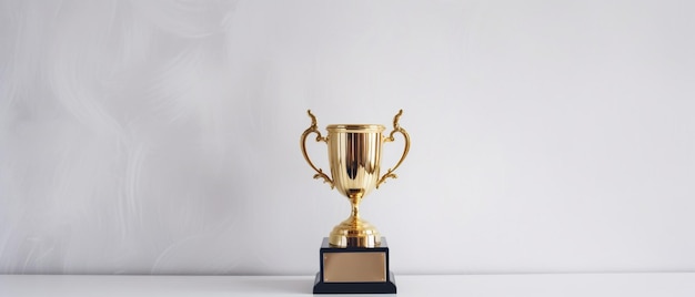Trofeo d'oro sulla scrivania bianca Spazio di copia di successo aziendale a sinistra