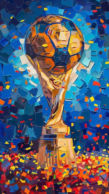 Trofeo della coppa di calcio sullo sfondo di uno stadio di calcio e illustrazione di confetti in stile cubista