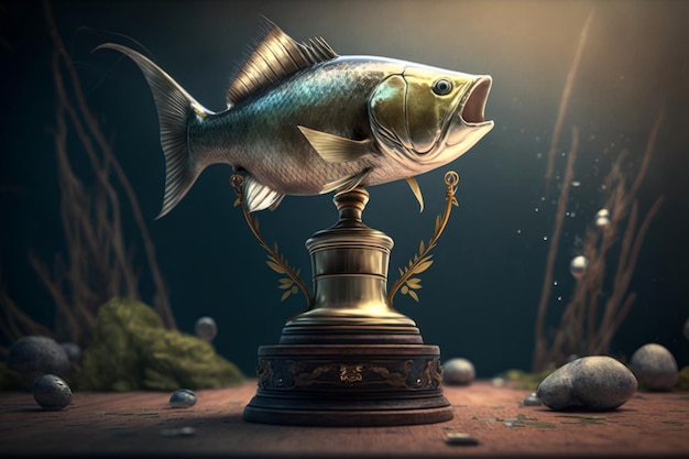 Trofeo di pesca Coppa con pesce su un supporto IA generativa