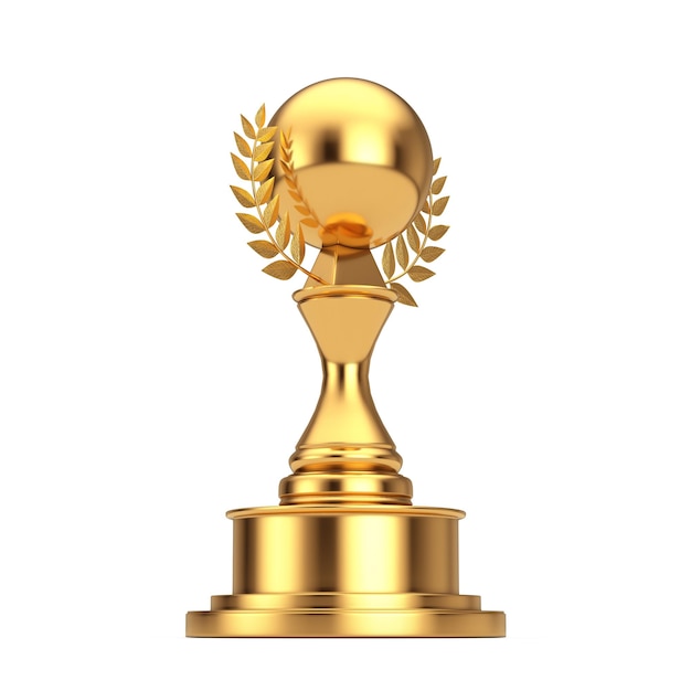 Trofeo Golden Award con sfera vuota e rendering 3d della corona di alloro