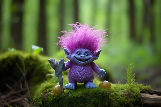 Troll del racconto con cristalli sullo sfondo verde naturale della foresta