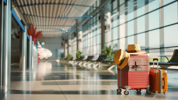 Trolley con valigie e cappello nel terminal dell'aeroporto