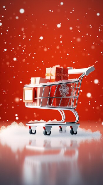 Trolley per negozi di Natale sfondo di neve rosso e bianco colore copia spazio generativo ai