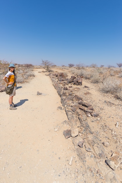 Tronco d'albero pietrificato e mineralizzato. Turista nel famoso parco nazionale della foresta pietrificata a Khorixas, Namibia, Africa. Bosco di 280 milioni di anni, concetto di cambiamento climatico