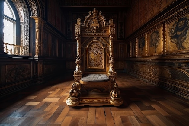 Trono reale vuoto nella sala del castello buio Trono medievale fantasy per re Creato con intelligenza artificiale generativa