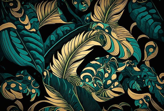 Tropical art nouveu art deco leaf print design Generativo ai