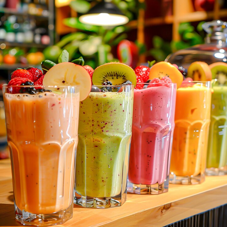 Tropical Delights Assortment of Exotic Fruit Smoothies Served in Chic Glasses Vibrant