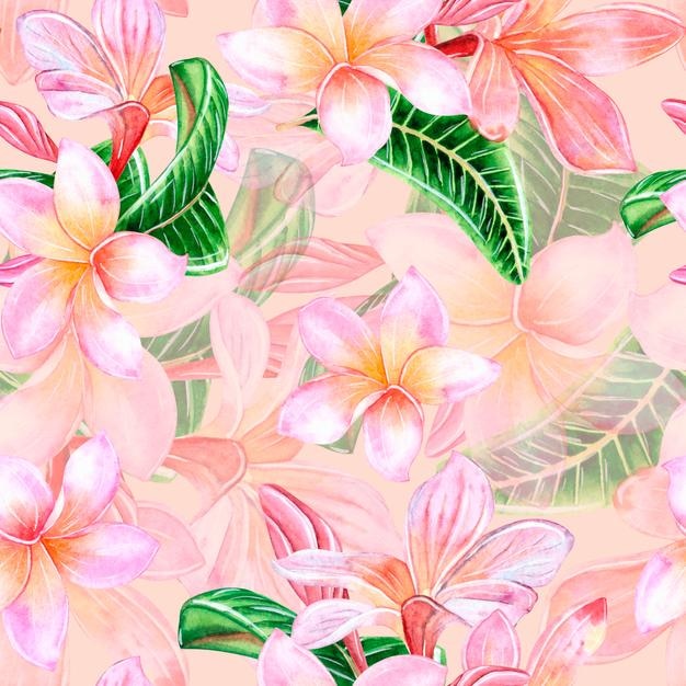 Tropical flowers pink plumeria with leaves watercolor illustration seamless pattern on peach