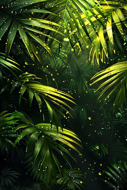 Tropical Glowing Palm Rain con foglie lussureggianti e Green Yellow Glowing Y2K Collage Neon Background