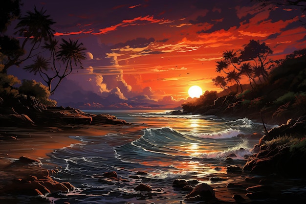 Tropical Paradise Beach Trasporta gli spettatori in un paradiso di spiaggia sabbiosa con acque turchesi palme e un vivace tramonto illustrazioni
