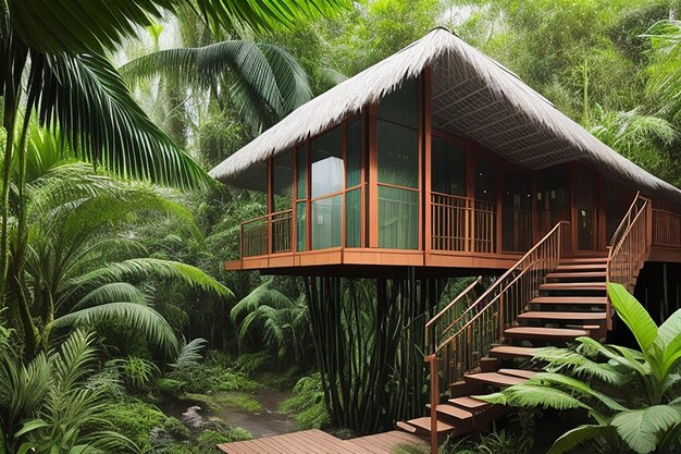 Tropicale bellissimo paesaggio vista pioggiaforesta casa nei tropici