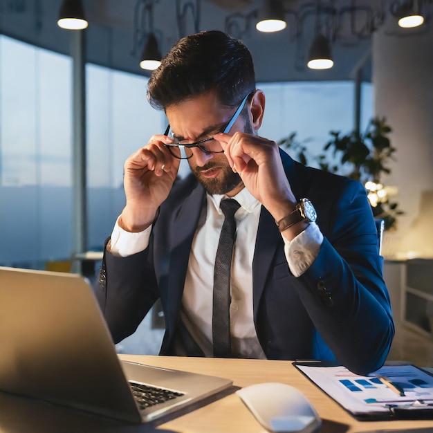 Troppo stanco e sopraffatto uomo d'affari sul posto di lavoro all'interno dell'ufficio uomo ha tolto gli occhiali strofinando gli occhi d...