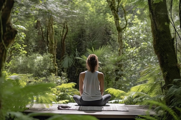 Trova consapevolezza e benessere nella natura attraverso lo yoga seduto su un tappetino da yoga in un ambiente naturale