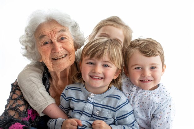 Trovare la gioia nell'amore della nonna con i nipoti su uno sfondo bianco