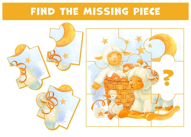 Trovare un pezzo di puzzle con agnello che scuote pecore e goosling Sviluppare un gioco di pensiero spaziale