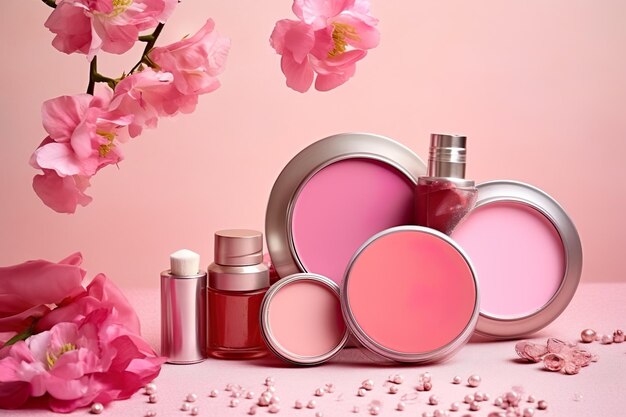 Trucco prodotti cosmetici per il bagno sfondo rosa mondo rosa generato dall'intelligenza artificiale