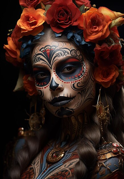 Trucco viso di una donna messicana al surrealismo festivo del Dia de los Muertos