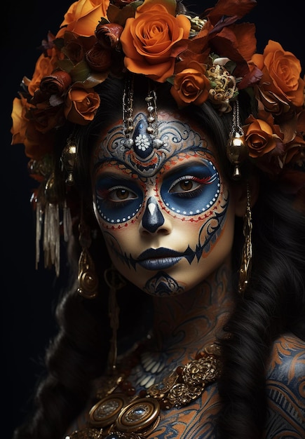 Trucco viso di una donna messicana al surrealismo festivo del Dia de los Muertos