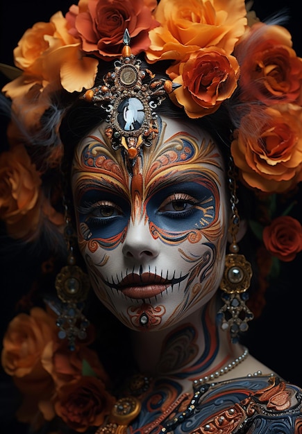 Trucco viso di una donna messicana al surrealismo festivo del Dia de los Muertos