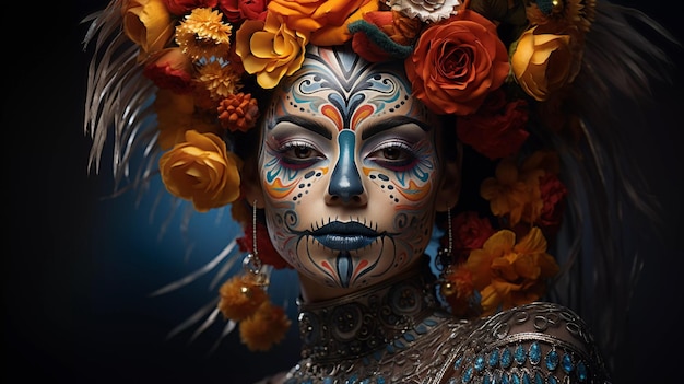 Trucco viso di una donna messicana al surrealismo festivo del Dia de los Muertos