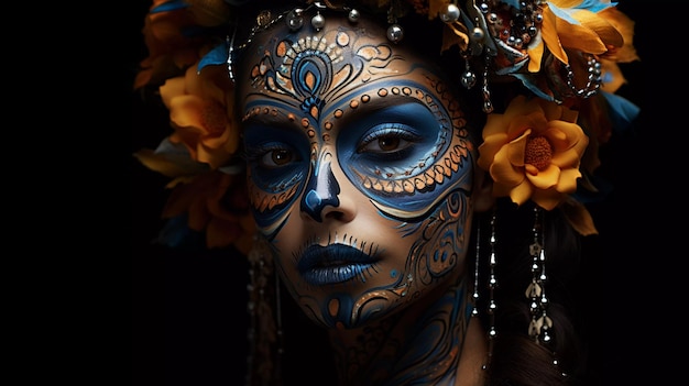 Trucco viso di una donna messicana al surrealismo festivo del Dia de los Muertos