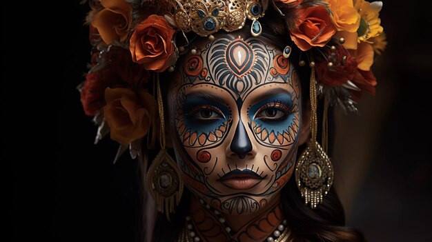 Trucco viso di una donna messicana al surrealismo festivo del Dia de los Muertos