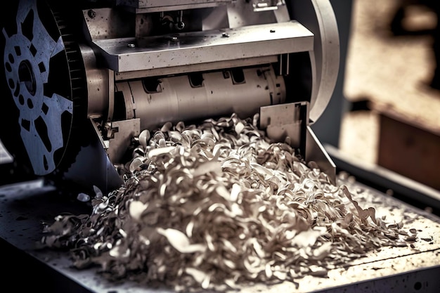 Trucioli e rifiuti metallici durante la lavorazione su macchina nell'officina dell'industria dell'alluminio