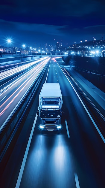 Truck blu su autostrada di notte con sfocamento del movimento