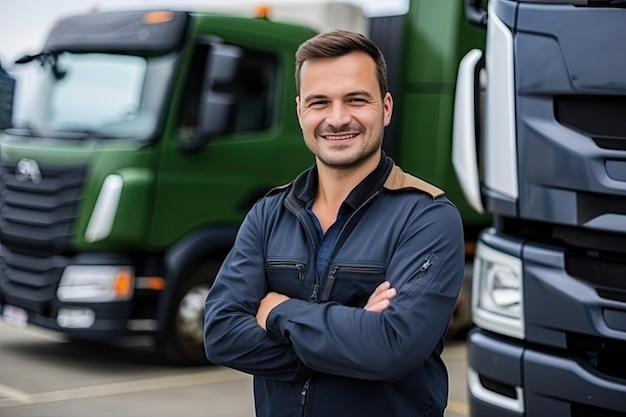 Truck Driver Sorriso Confidenza Giovane Truck Driver professionista davanti a un grande camion Truck Highway Cargo Industry Illustrazione generativa AI