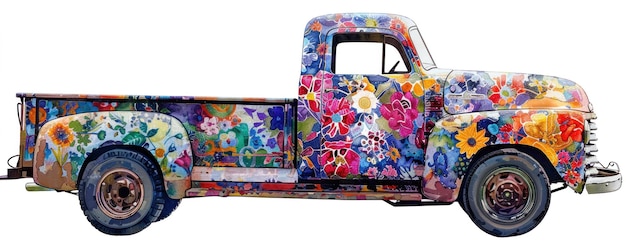 Truck vintage dipinto con motivi floreali colorati su uno sfondo bianco che mostra creatività artistica e design vibrante