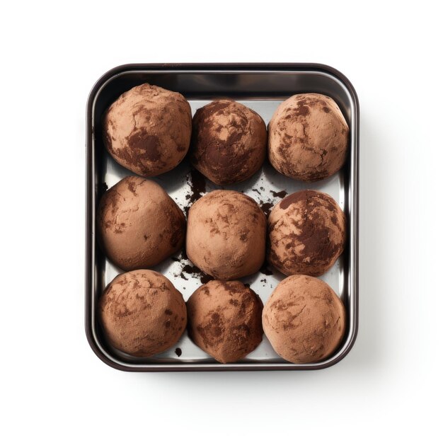 Truffe al cioccolato in una scatola da pranzo vista dall'alto isolate su sfondo bianco AI generativa
