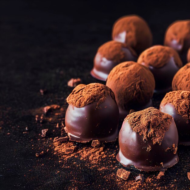 Truffoli al cioccolato fatti in casa su sfondo nero