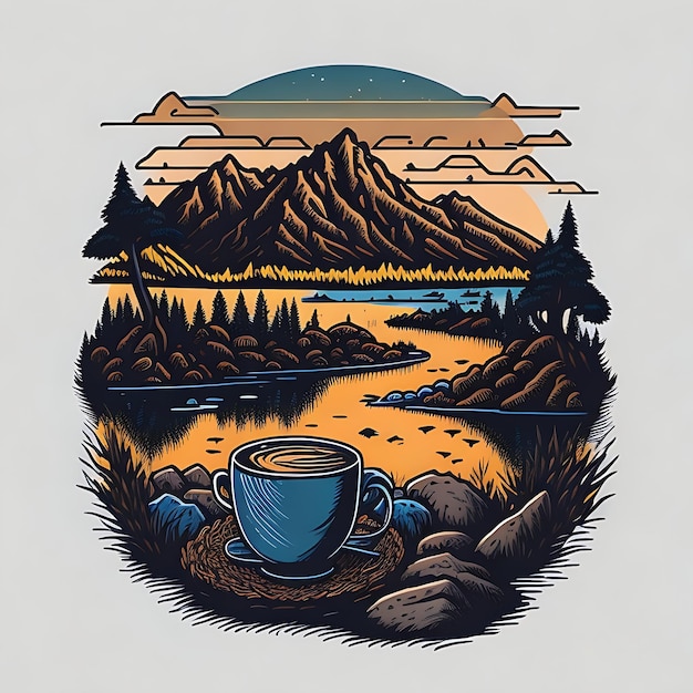 TShirt Design Caffè dall'immagine vettoriale del lago