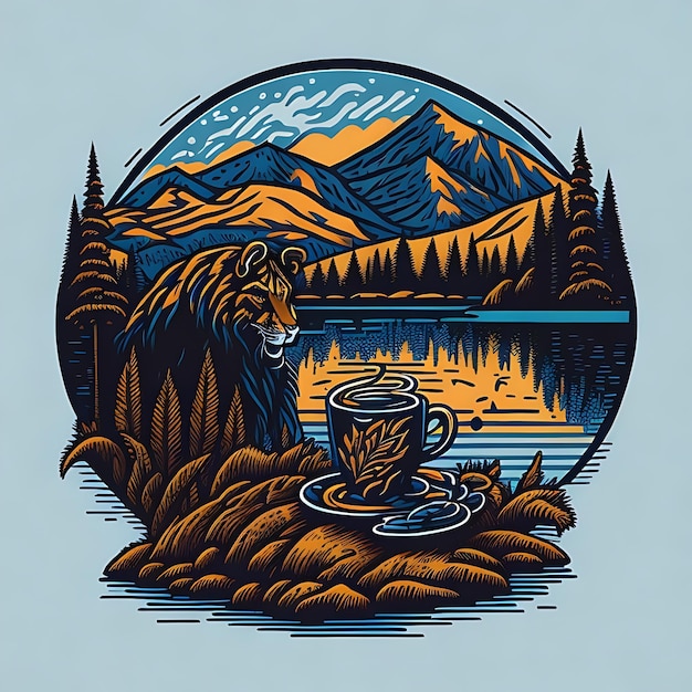 TShirt Design Caffè dall'immagine vettoriale del lago