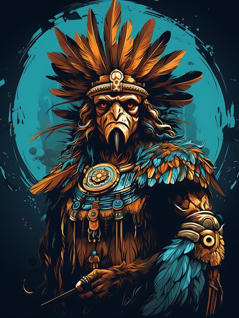 Tshirt Design del guerriero aquila maya con armatura piumata che tiene un'arte vettoriale piatta Macana Cl 2D