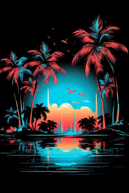 Tshirt Design di un'isola tropicale con palme fenicotteri vibrante turchese 2D inchiostro piatto Art