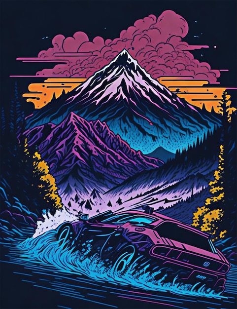 tshirt design illustrazione auto alla deriva montagne scena drammatica stile anime ultra hd realis