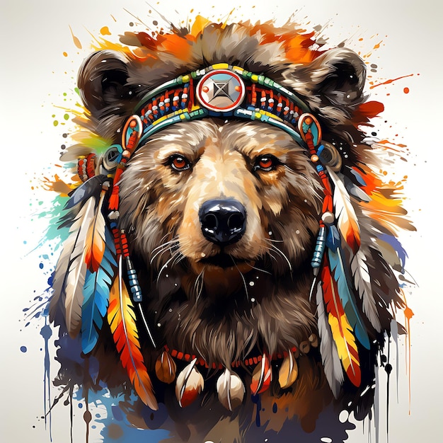 Tshirt Design of Bear Portrait indossando un copricapo piumato Dancing Posei Ap Art 2D inchiostro vettoriale