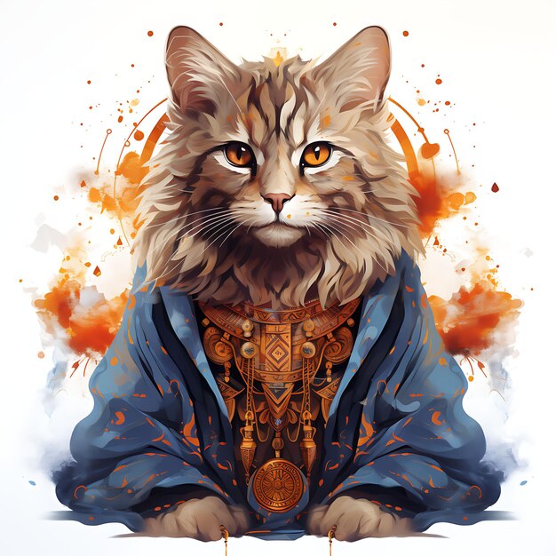 Tshirt Design of Cat Portrait indossando un Kurta indiano seduto in un vettore di inchiostro 2D di arte meditativa