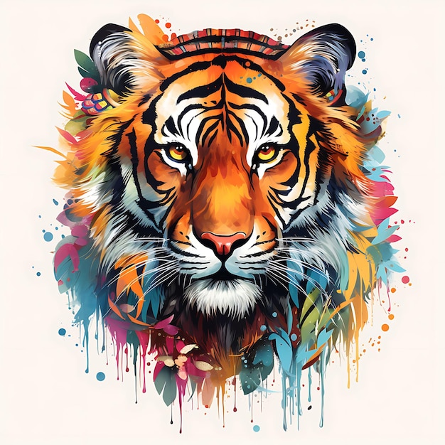 Tshirt Design of Tiger Portrait indossando un turbante Pouncing posa vibrante e Ri Art inchiostro 2D vettoriale