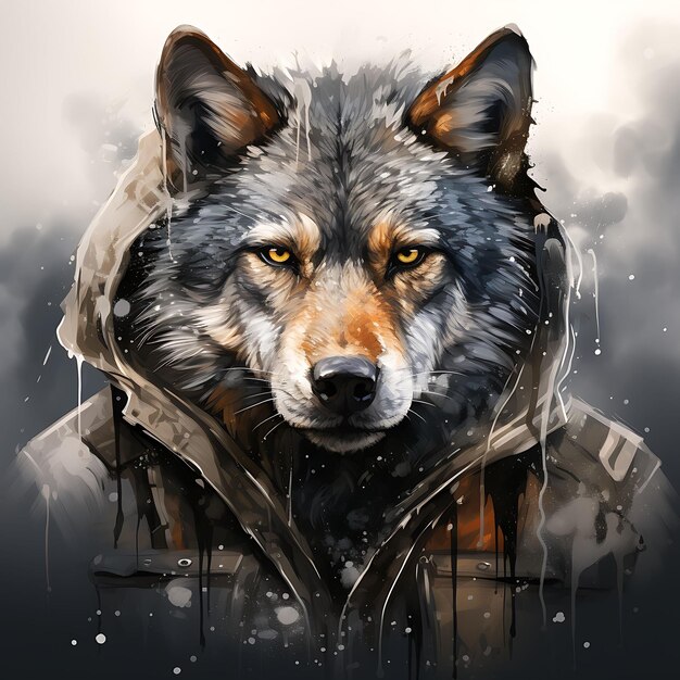 Tshirt Design of Wolf Portrait indossando un abbigliamento da guerriero vichingo Fierce Pose D Art 2D inchiostro vettoriale