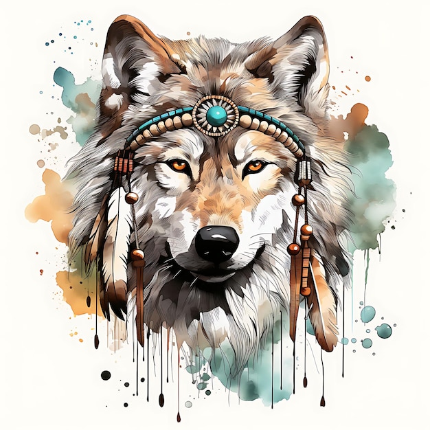 Tshirt Design of Wolf Portrait indossando un copricapo nativo americano che urla al vettore di inchiostro Art 2D