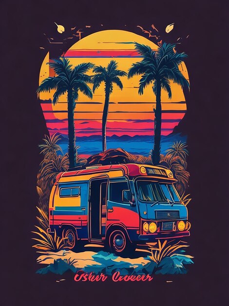 Tshirt Design tramonto palma acqua camper bus arrugginito assi di legno nostalgia tropicale