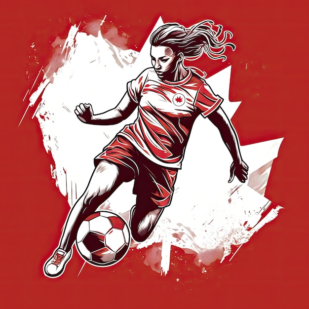 Tshirt Design un'opera d'arte che cattura l'energia di una donna che gioca a calcio Generata dall'intelligenza artificiale