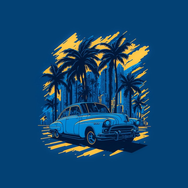 Tshirt design vecchia auto retrò al tramonto con palme e scyscrapers