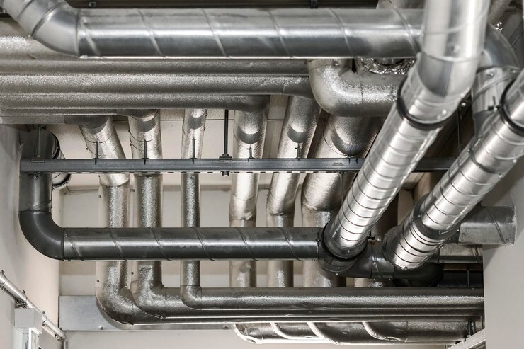 Foto tubi di ventilazione sul soffitto del condominio. sistema di tubazioni del condotto del condizionatore d'aria