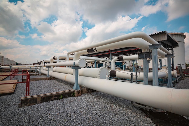 Tubi lunghi in acciaio e gomito del tubo nella fabbrica di petrolio della stazione durante la raffineria Industria petrolchimica